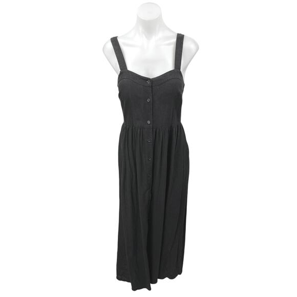 ASOS Black Linen Sleeveless Sweatheart Neck Button Down Midi A Line Tank Dress 4 - Picture 1 of 5